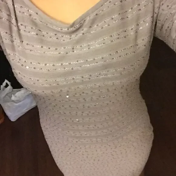 NWT Express beige gray taupe shift dress sequin de - Picture 2 of 2